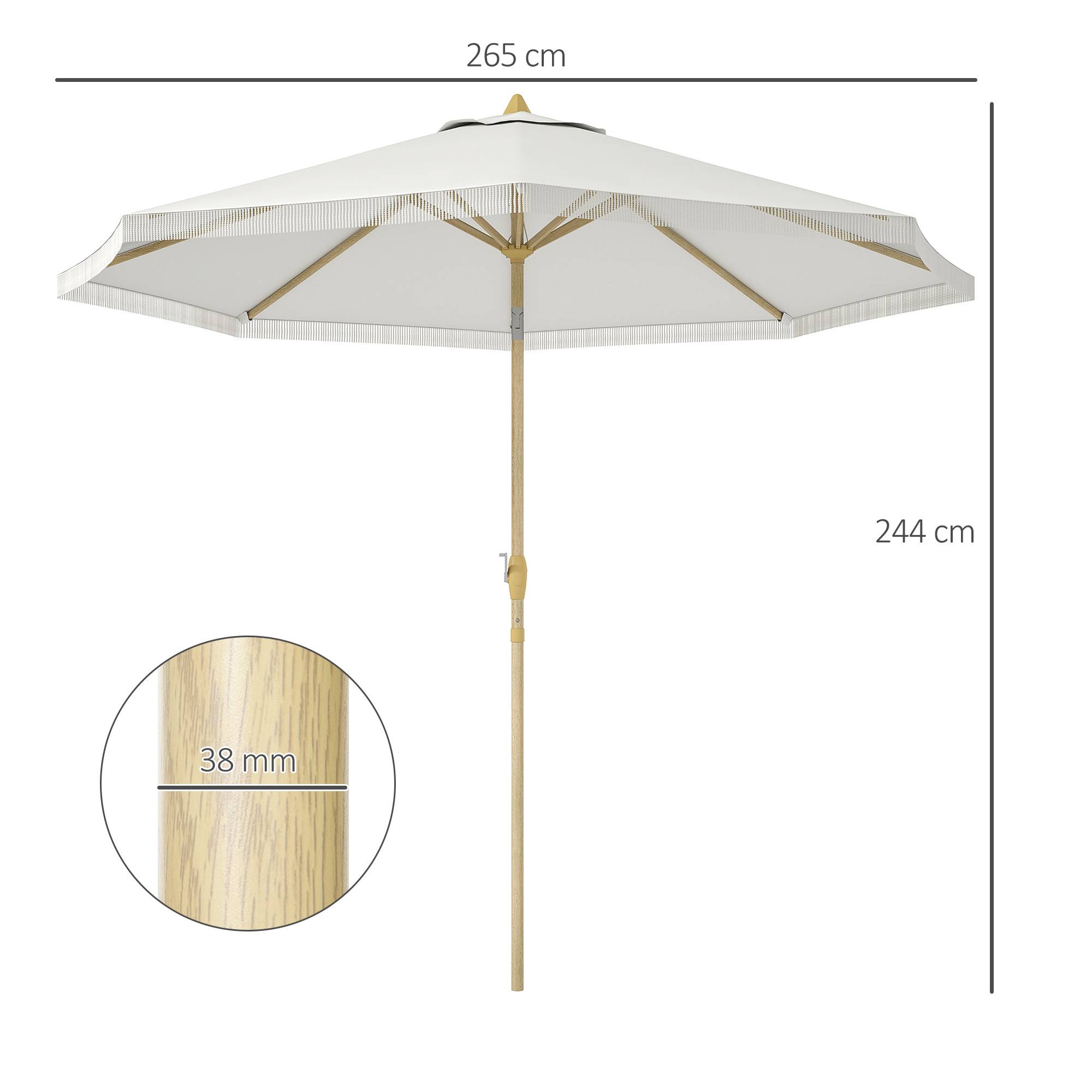 Parasol droit inclinable bohème acier jardin manivelle franges 265cm blanc - ComfortXL Outdoor Living - Image 5