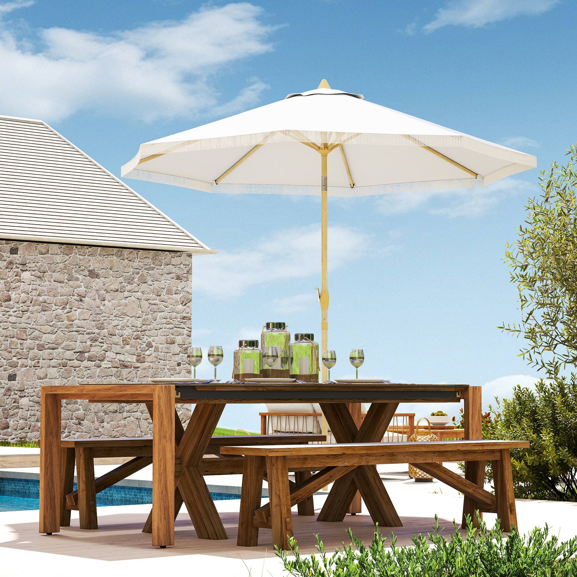 Parasol droit inclinable bohème acier jardin manivelle franges 265cm blanc - ComfortXL Outdoor Living - Image 3