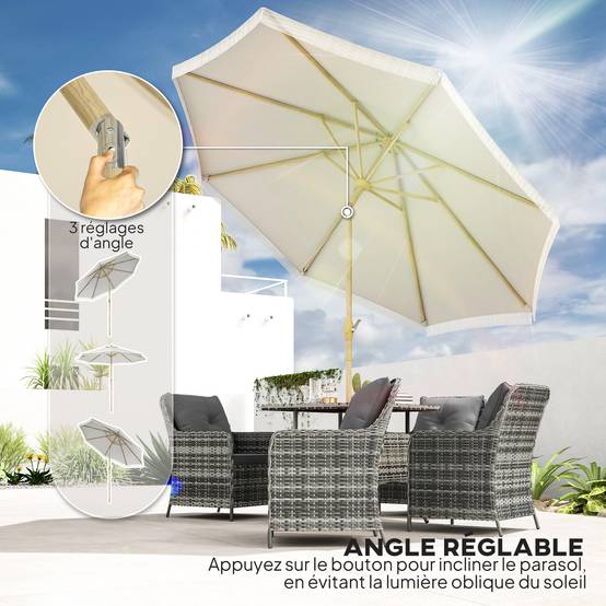 Parasol droit inclinable bohème acier jardin manivelle franges 265cm blanc - ComfortXL Outdoor Living - Image 6