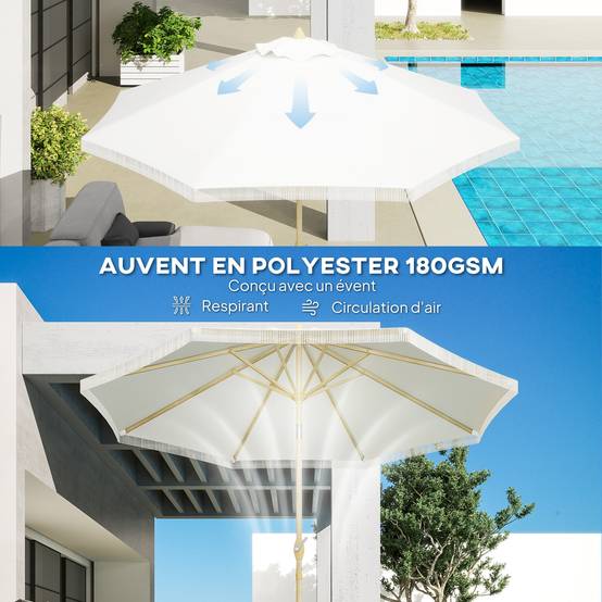Parasol droit inclinable bohème acier jardin manivelle franges 265cm blanc - ComfortXL Outdoor Living - Image 8