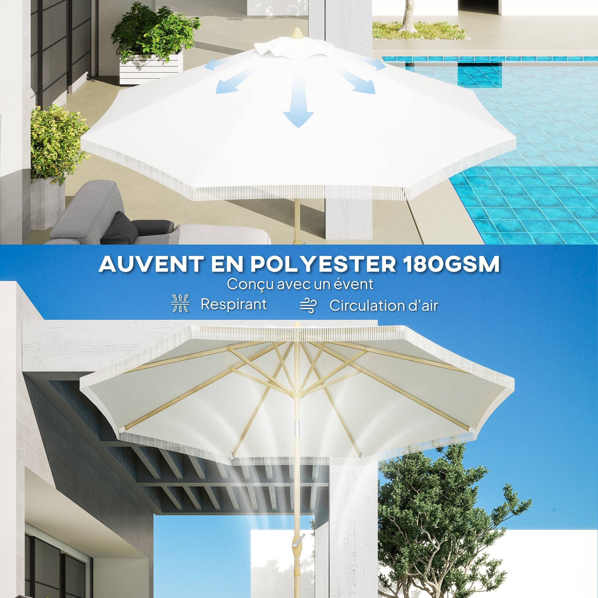 Parasol droit inclinable bohème acier jardin manivelle franges 265cm blanc - ComfortXL Outdoor Living - Image 8