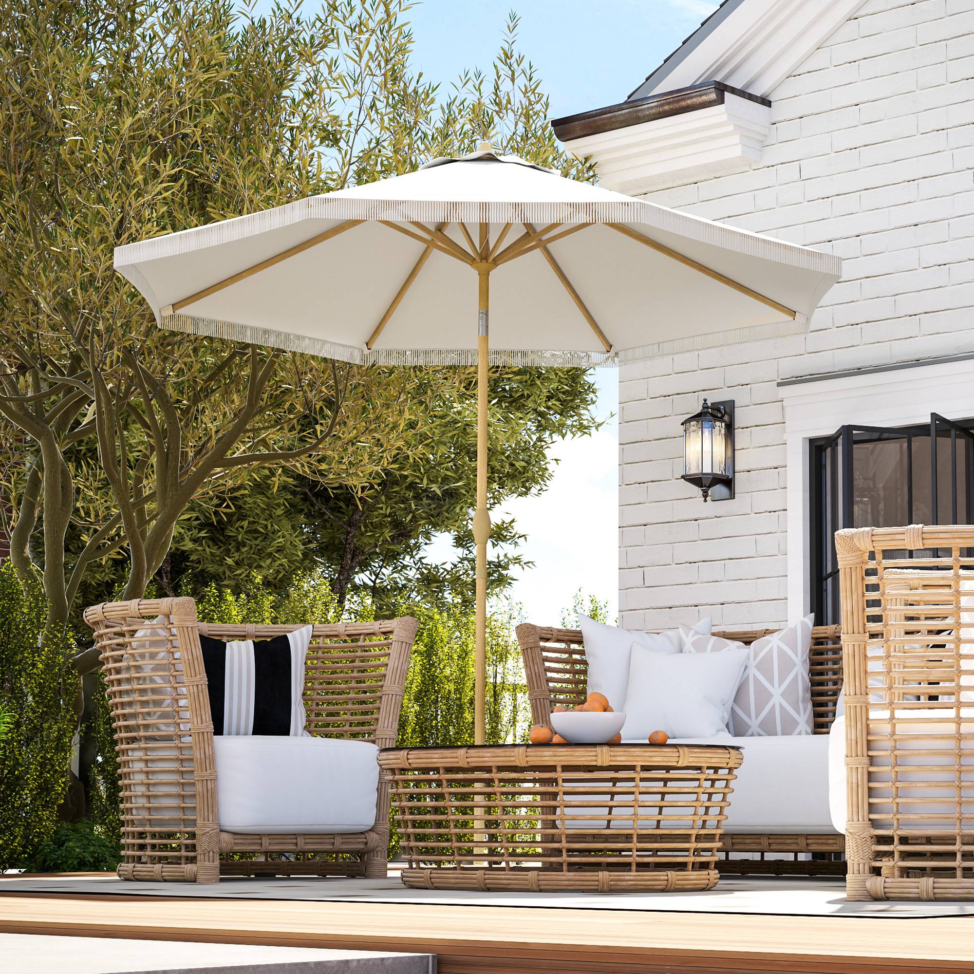 Parasol droit inclinable bohème acier jardin manivelle franges 265cm blanc - ComfortXL Outdoor Living - Image 4