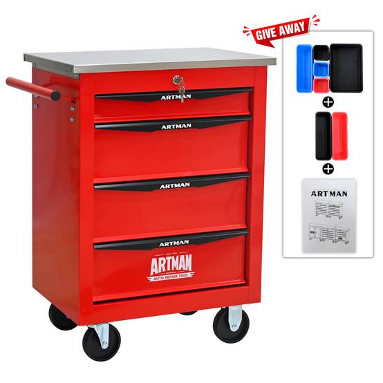 Servante Atelier Roulante Acier 4 Tiroirs Verrouillables Garage Bricolage Rouge Noir - ComfortXL Outdoor Living - Image 5