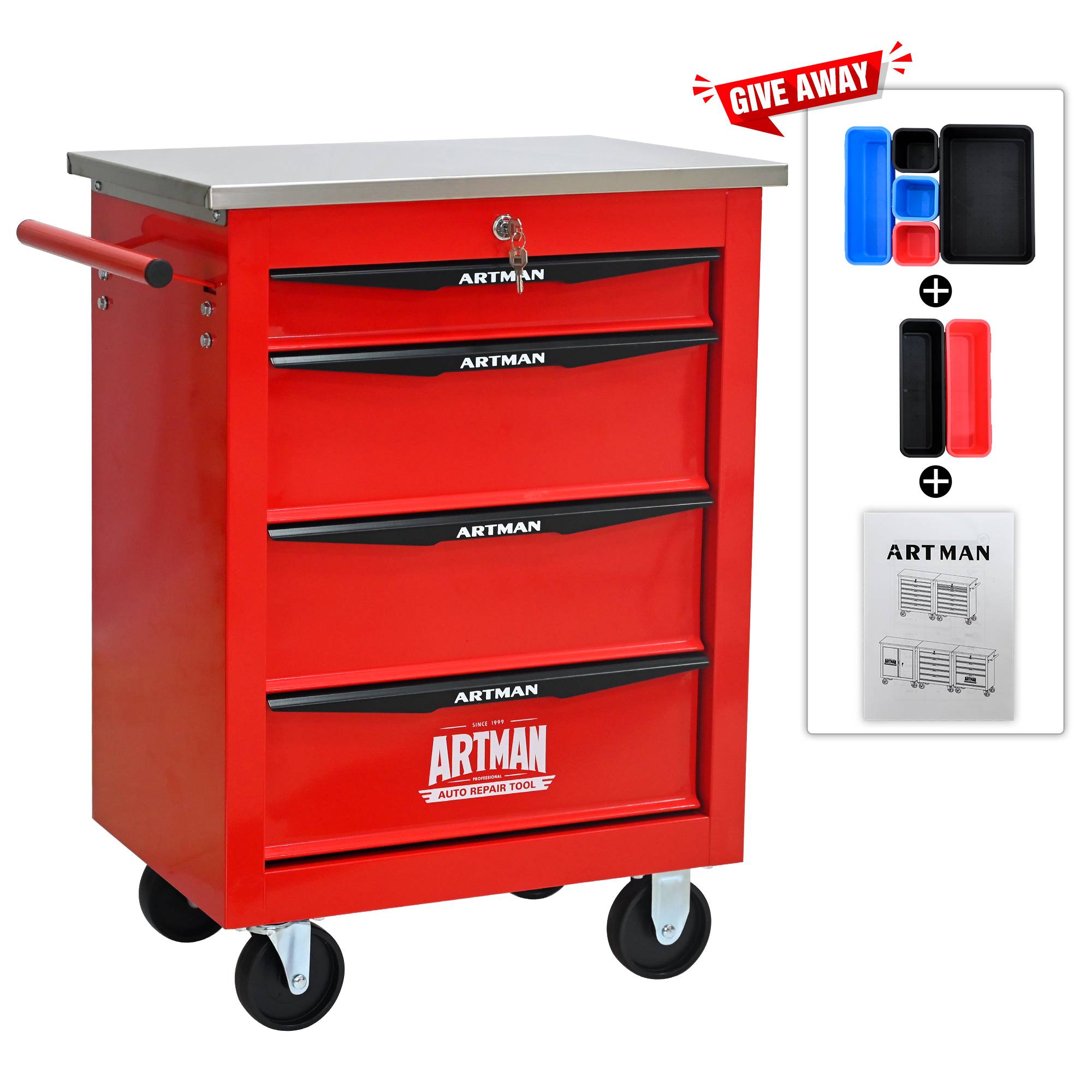 Servante Atelier Roulante Acier 4 Tiroirs Verrouillables Garage Bricolage Rouge Noir - ComfortXL Outdoor Living - Image 5