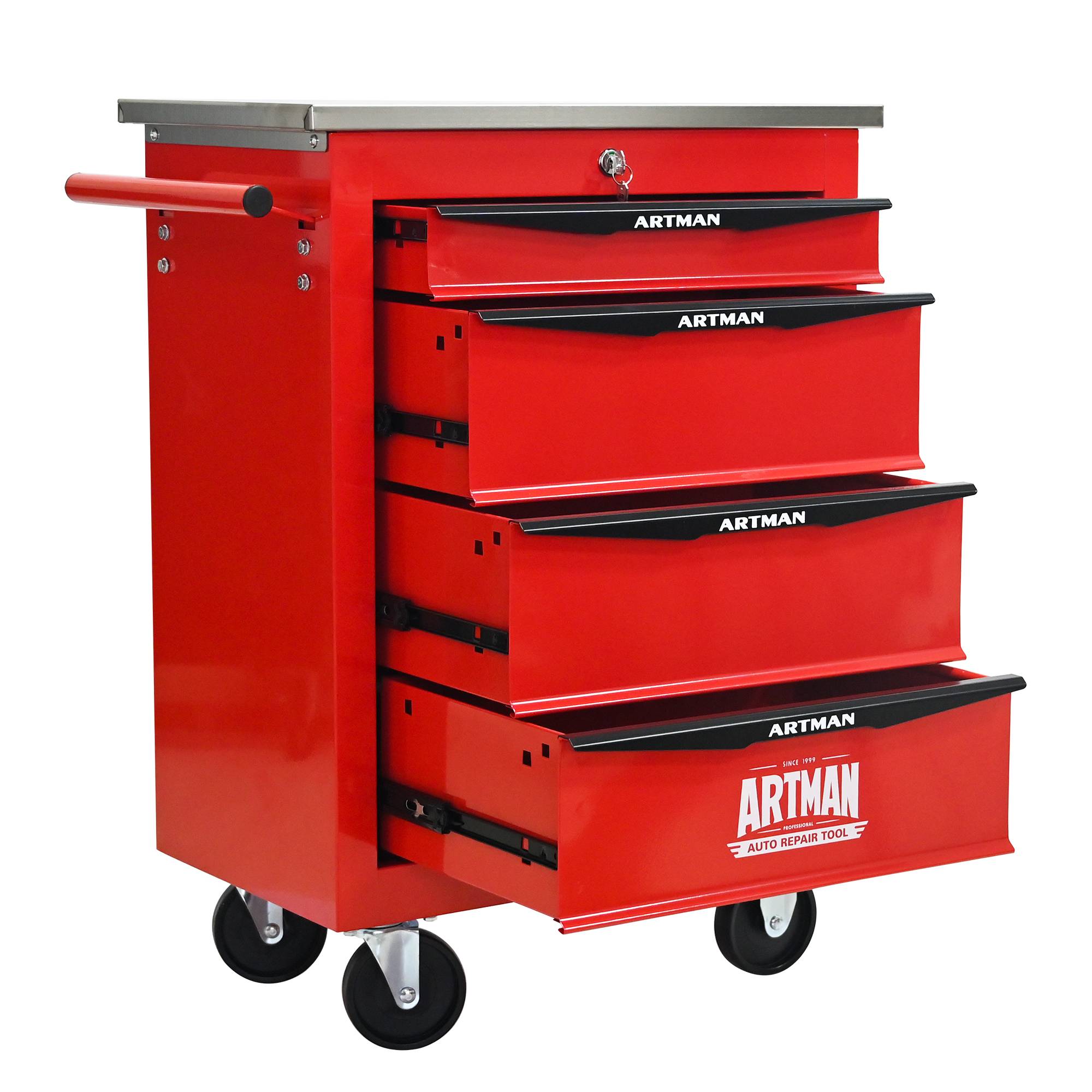 Servante Atelier Roulante Acier 4 Tiroirs Verrouillables Garage Bricolage Rouge Noir - ComfortXL Outdoor Living - Image 2
