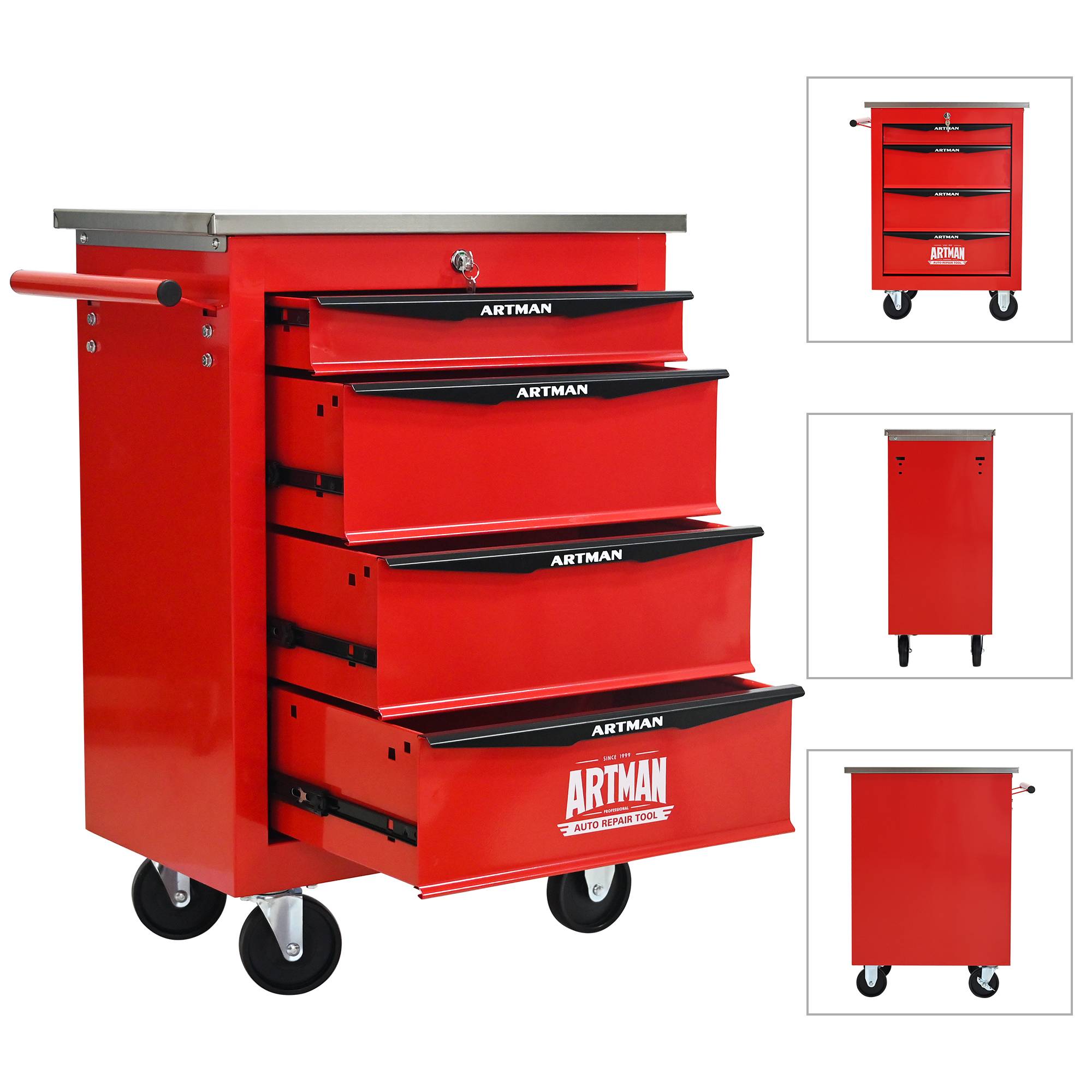 Servante Atelier Roulante Acier 4 Tiroirs Verrouillables Garage Bricolage Rouge Noir - ComfortXL Outdoor Living - Image 6
