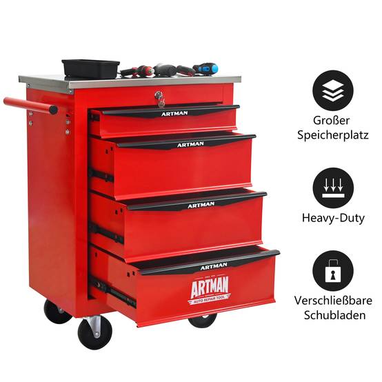 Servante Atelier Roulante Acier 4 Tiroirs Verrouillables Garage Bricolage Rouge Noir - ComfortXL Outdoor Living - Image 4