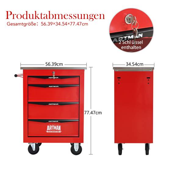 Servante Atelier Roulante Acier 4 Tiroirs Verrouillables Garage Bricolage Rouge Noir - ComfortXL Outdoor Living - Image 3