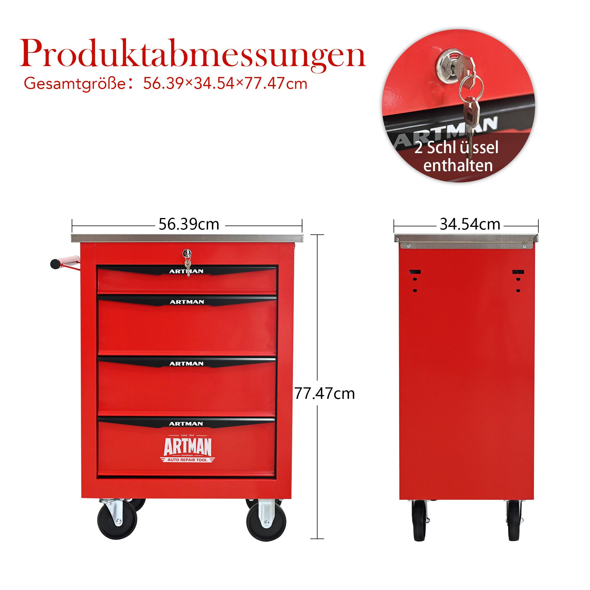 Servante Atelier Roulante Acier 4 Tiroirs Verrouillables Garage Bricolage Rouge Noir - ComfortXL Outdoor Living - Image 3