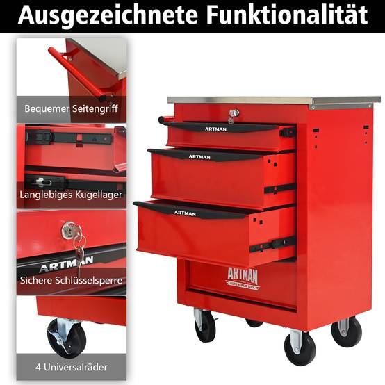 Servante Atelier Roulante Acier 4 Tiroirs Verrouillables Garage Bricolage Rouge Noir - ComfortXL Outdoor Living - Image 7