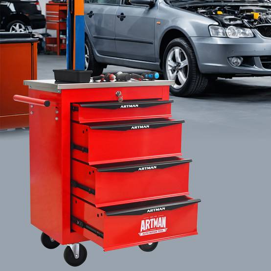 Servante Atelier Roulante Acier 4 Tiroirs Verrouillables Garage Bricolage Rouge Noir - ComfortXL Outdoor Living - Image 1