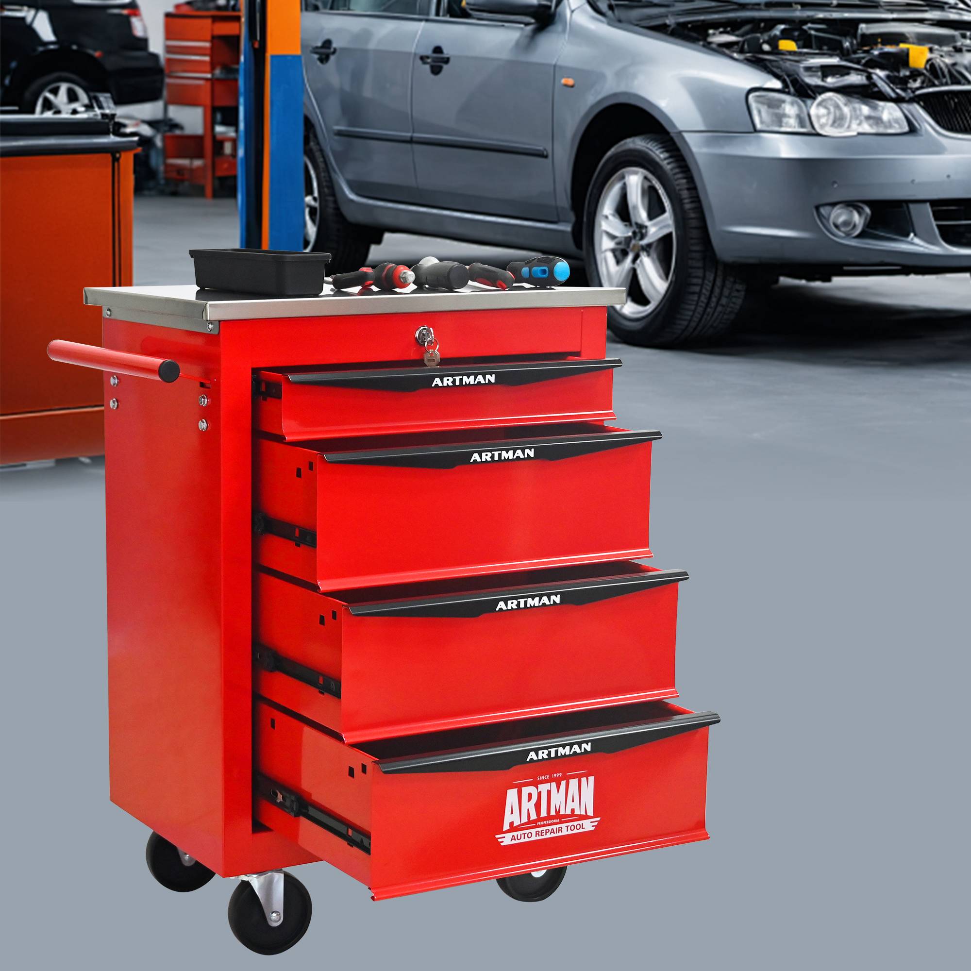 Servante Atelier Roulante Acier 4 Tiroirs Verrouillables Garage Bricolage Rouge Noir - ComfortXL Outdoor Living - Image 1