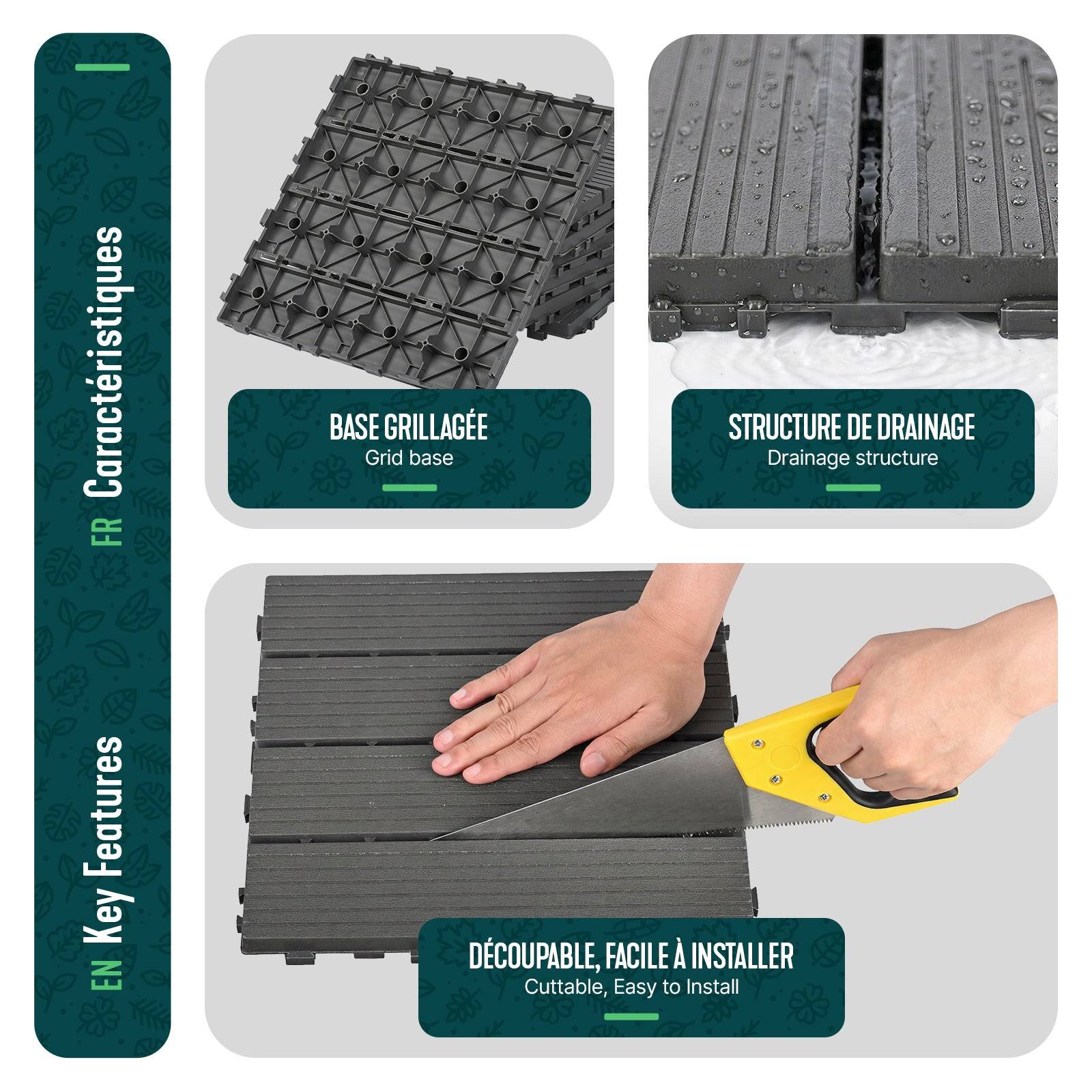 Lot de 11 Dalles clipsables extérieur 30x30 cm - Caillebotis de terrasse antidérapant et drainant - Plastique - Anthracite - VOUNOT® - Image 6