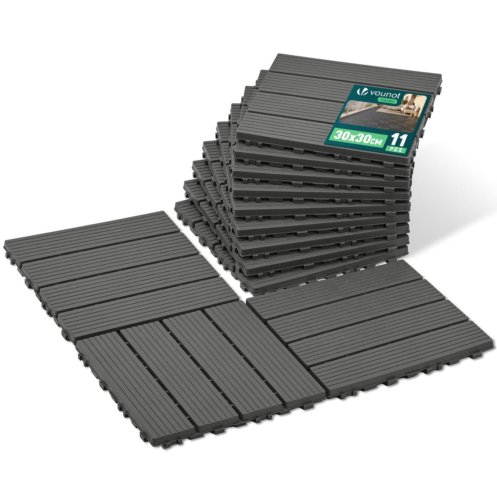Lot de 11 Dalles clipsables extérieur 30x30 cm - Caillebotis de terrasse antidérapant et drainant - Plastique - Anthracite - VOUNOT®