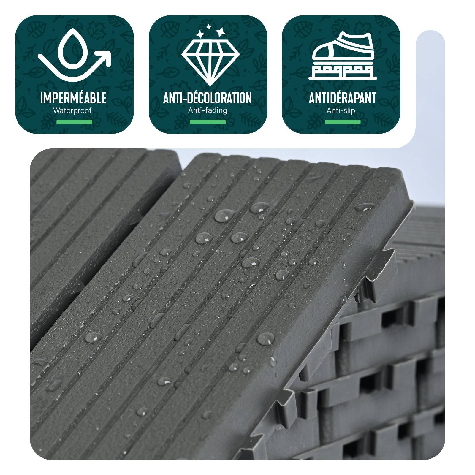 Lot de 11 Dalles clipsables extérieur 30x30 cm - Caillebotis de terrasse antidérapant et drainant - Plastique - Anthracite - VOUNOT® - Image 4