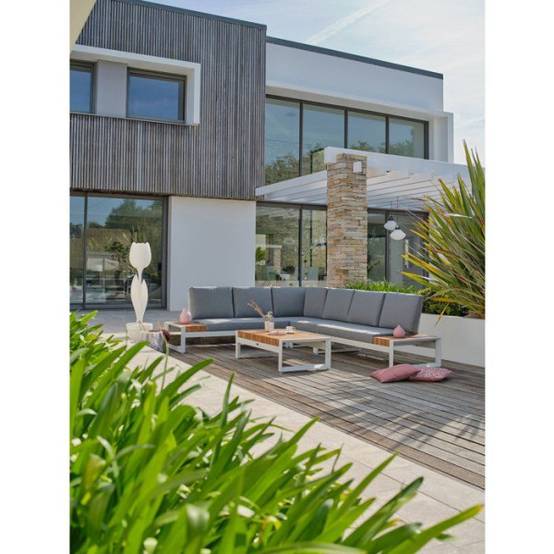 Dcb Garden - Salon de jardin d'angle - Blanc - Teck et aluminium - 6 places - Valencia - Image 4