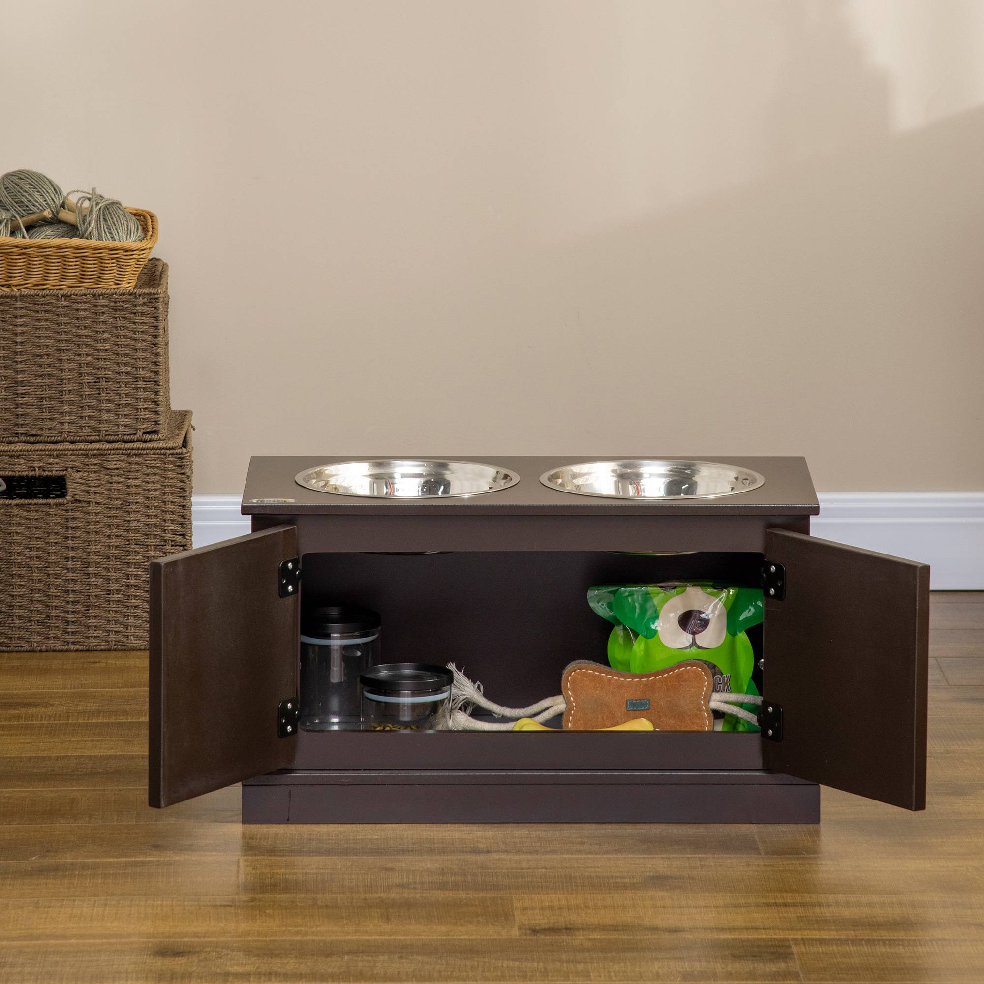 Support pour gamelles surélevé avec rangement, 2 bols en inox, café, 60 x 30 x 34 cm - PANGIVO - Image 8