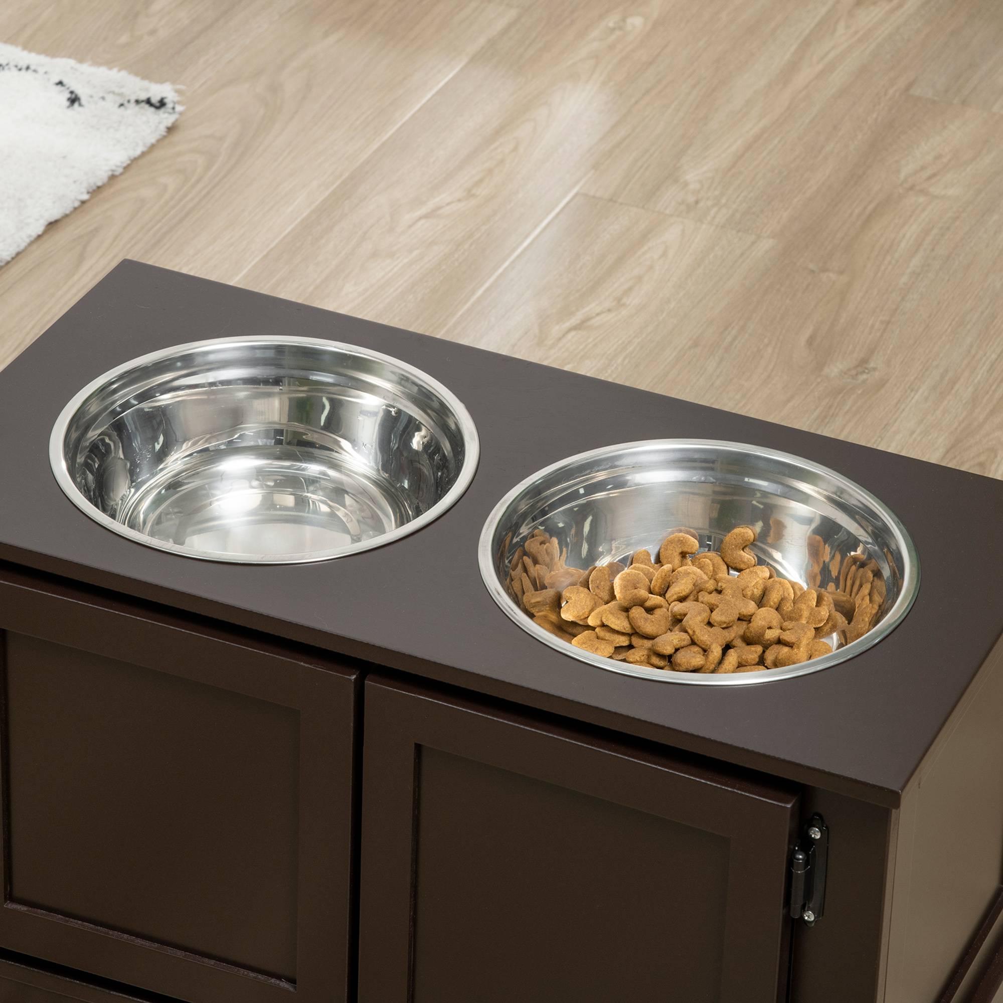 Support pour gamelles surélevé avec rangement, 2 bols en inox, café, 60 x 30 x 34 cm - PANGIVO - Image 7