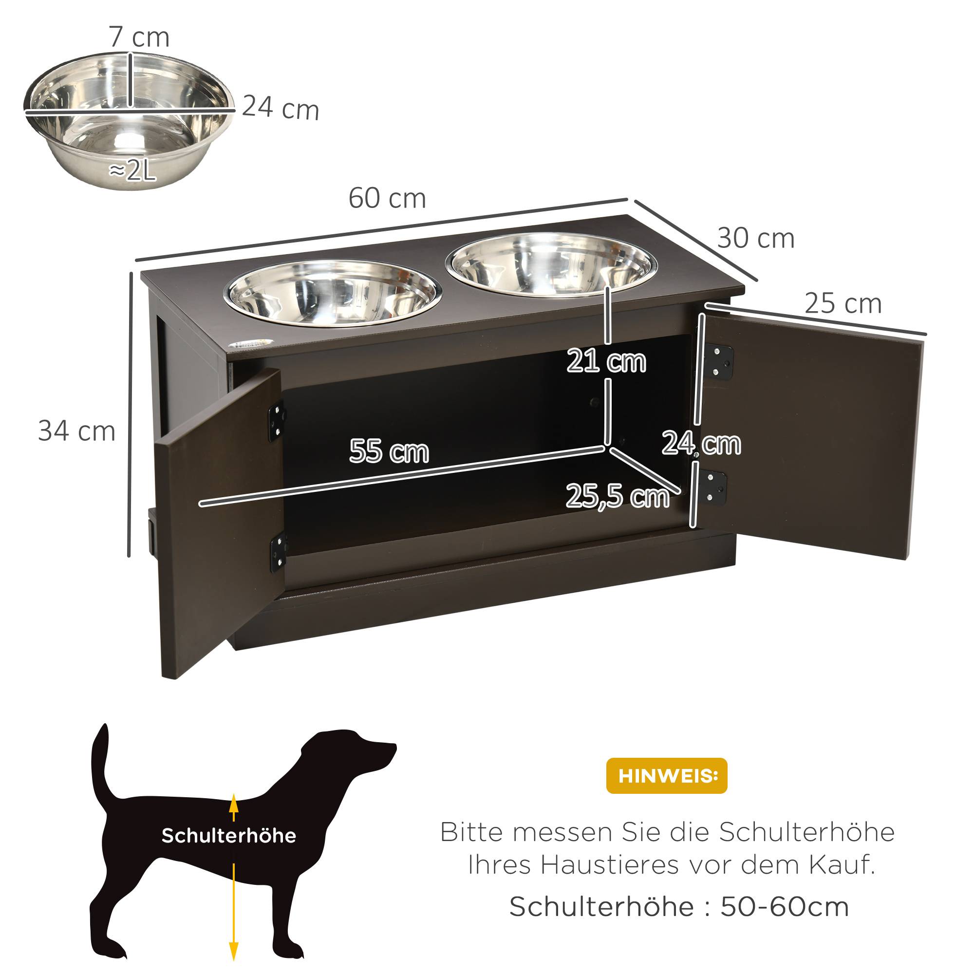 Support pour gamelles surélevé avec rangement, 2 bols en inox, café, 60 x 30 x 34 cm - PANGIVO - Image 3