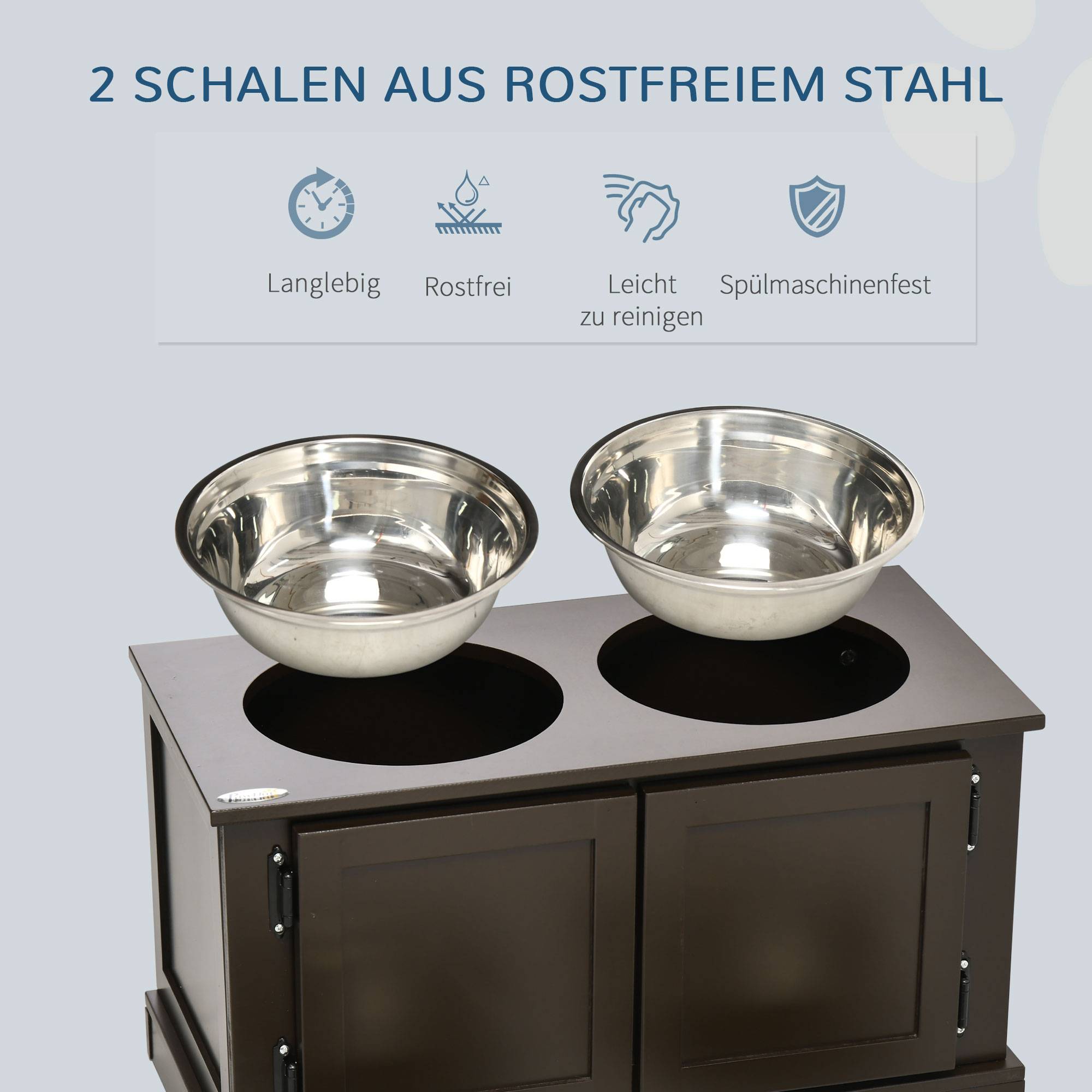 Support pour gamelles surélevé avec rangement, 2 bols en inox, café, 60 x 30 x 34 cm - PANGIVO - Image 6