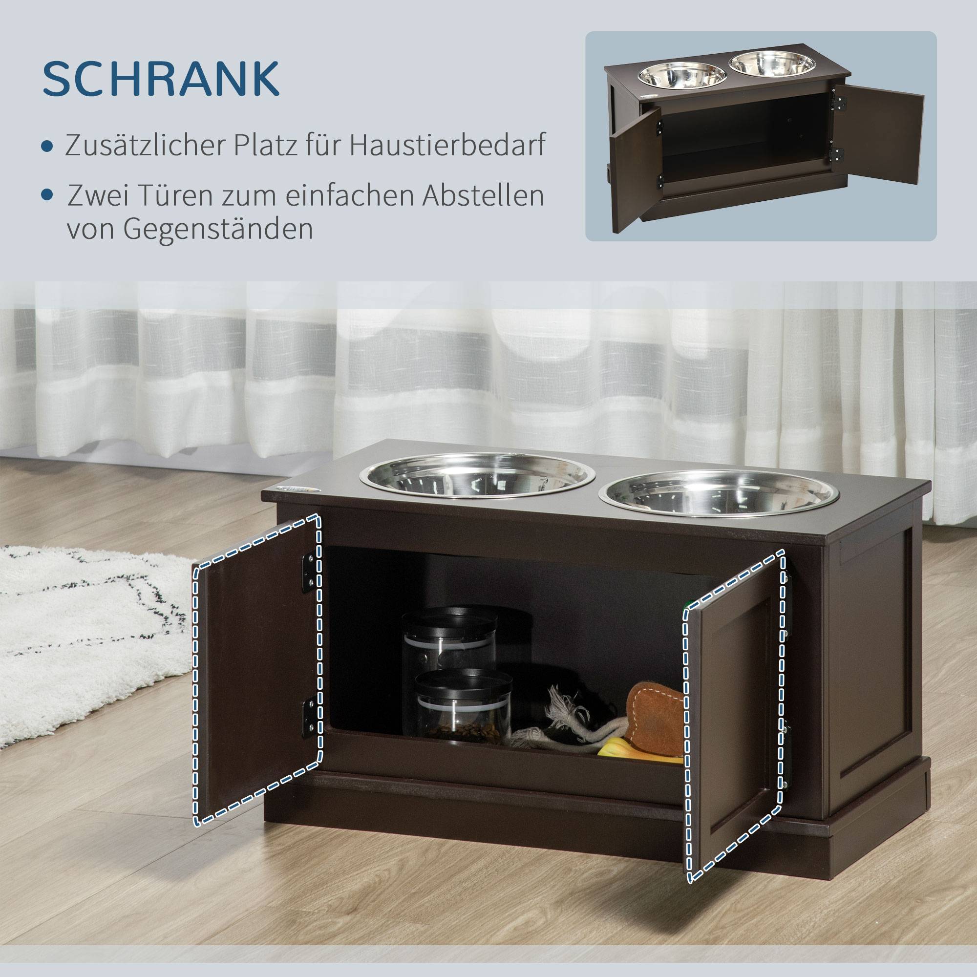 Support pour gamelles surélevé avec rangement, 2 bols en inox, café, 60 x 30 x 34 cm - PANGIVO - Image 5