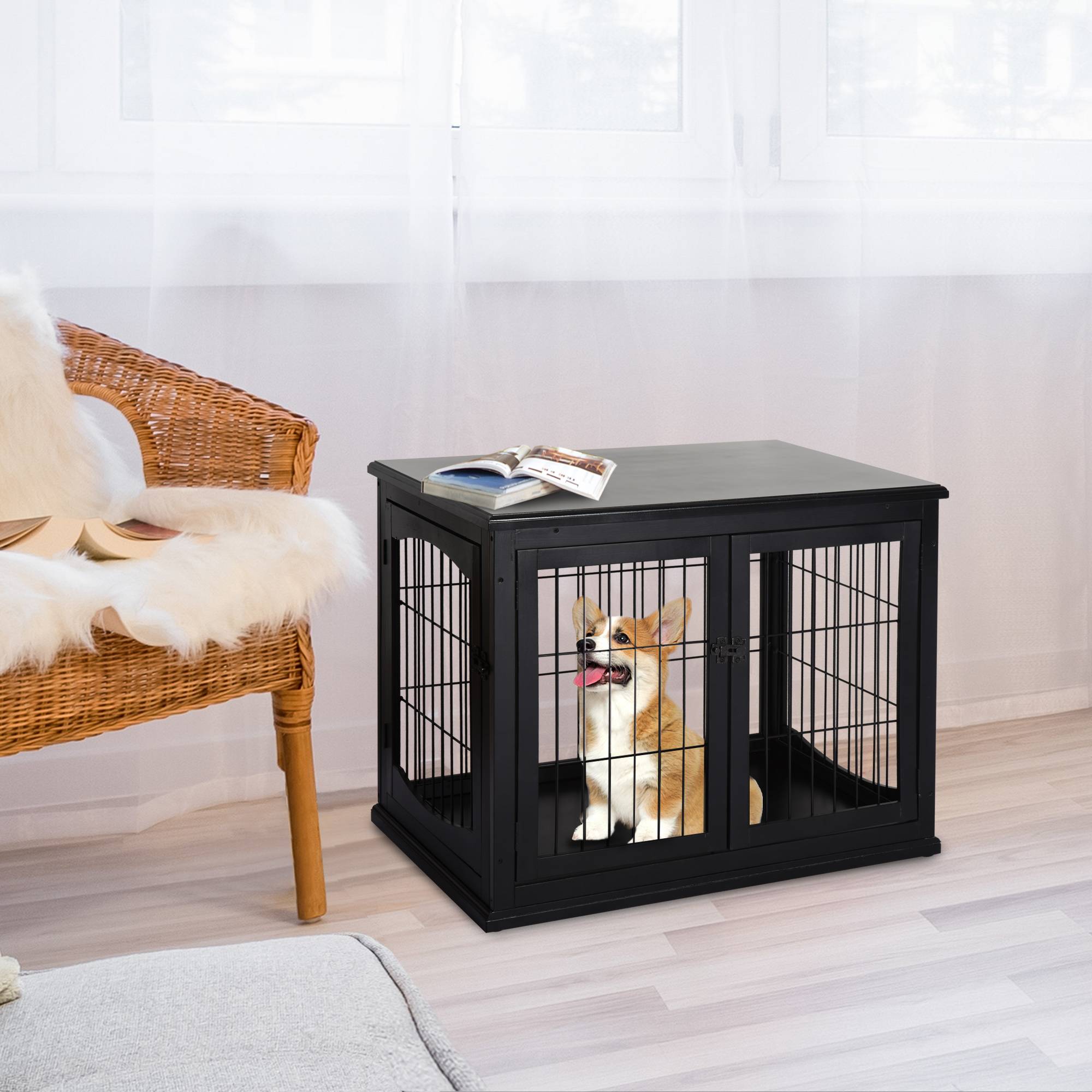Pawhut - Cage pour chien animaux cage en bois MDF classe E1 3 portes verrouillables max. 30 Kg dim. 81L x 58l x 66H cm noir - Imagen 2