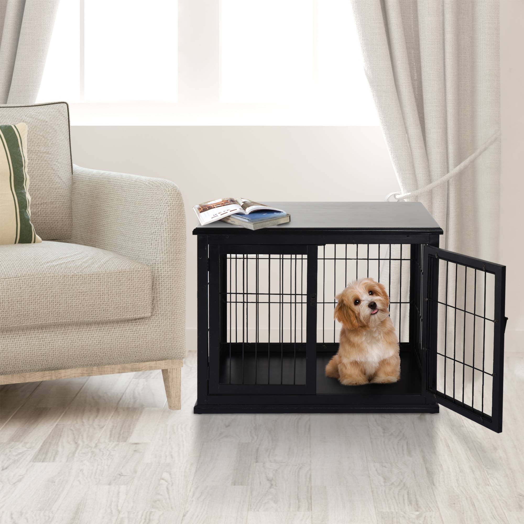 Pawhut - Cage pour chien animaux cage en bois MDF classe E1 3 portes verrouillables max. 30 Kg dim. 81L x 58l x 66H cm noir - Imagen 4