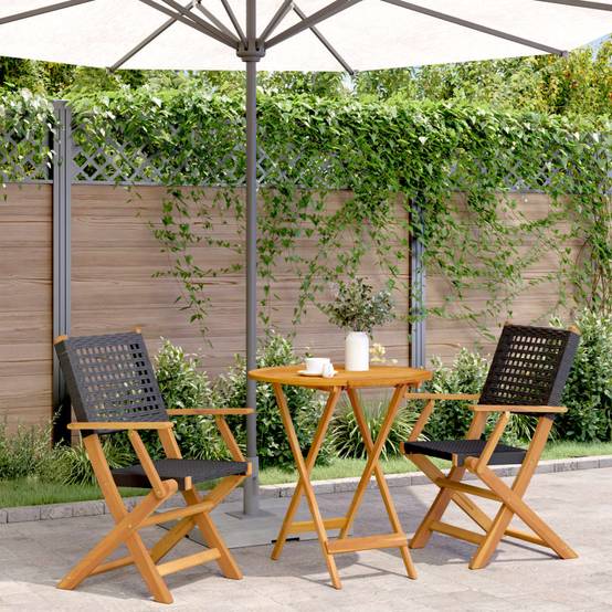 Salon de Jardin 2 Personnes Pliable Résine Tressée et Bois d'Acacia pour Terrasse Noir Table Ø70cm – ComfortXL Outdoor Living - Image 1