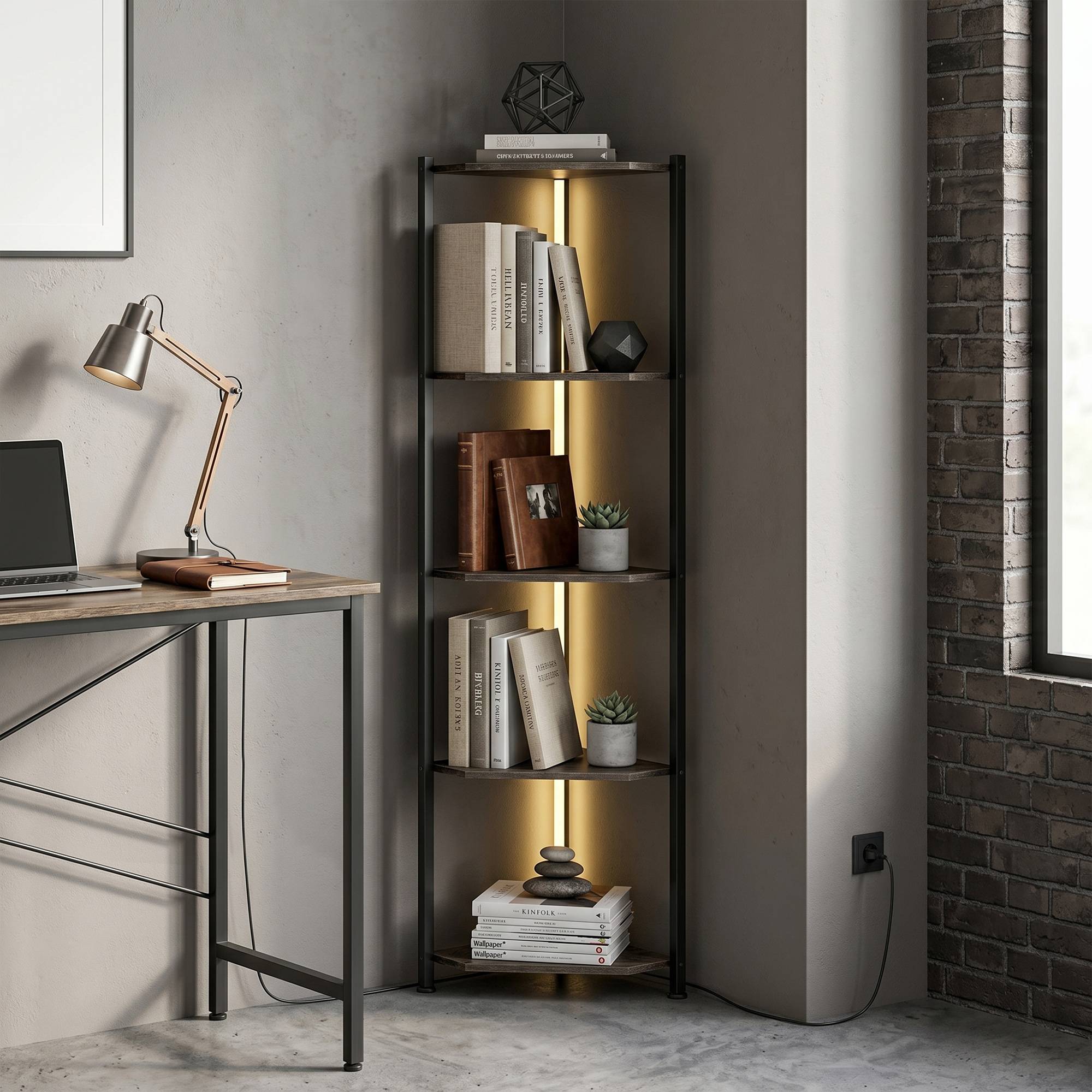 Bibliothèque d'angle à 5 niveaux avec éclairage LED pour salon, chambre, bureau, marron rustique - Image 10