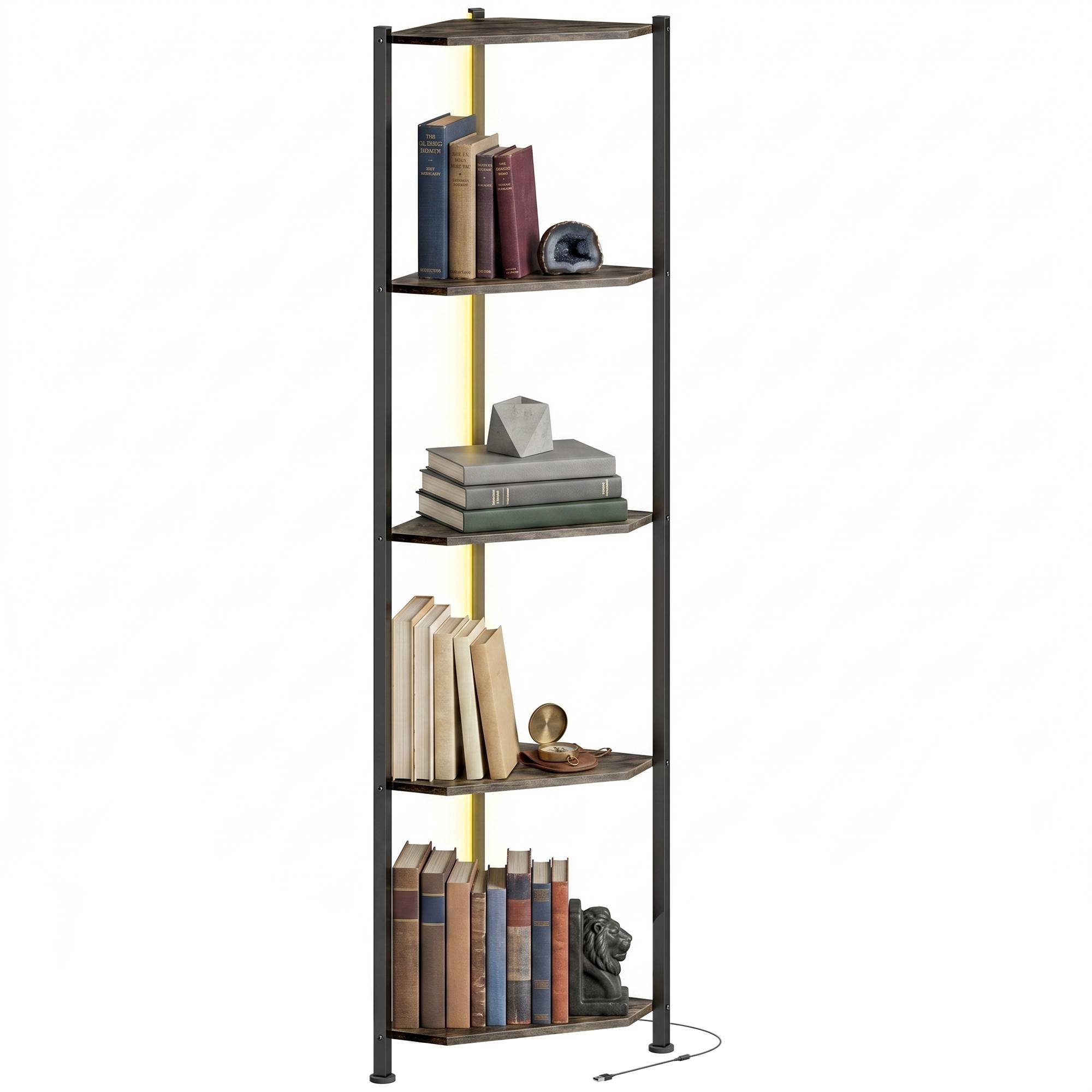 Bibliothèque d'angle à 5 niveaux avec éclairage LED pour salon, chambre, bureau, marron rustique - Image 1