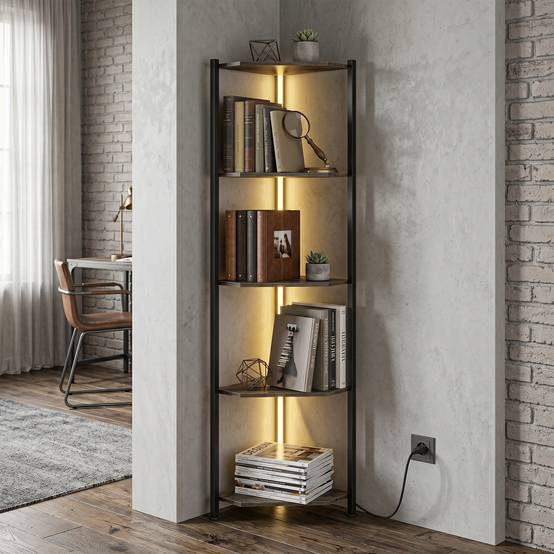 Bibliothèque d'angle à 5 niveaux avec éclairage LED pour salon, chambre, bureau, marron rustique - Image 3