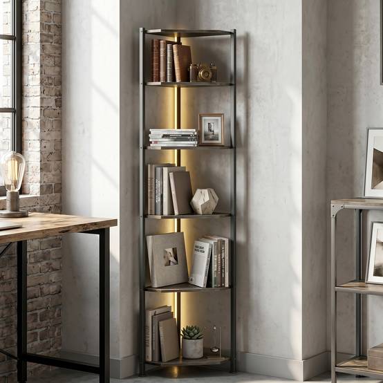 Bibliothèque d'angle à 5 niveaux avec éclairage LED pour salon, chambre, bureau, marron rustique - Image 4