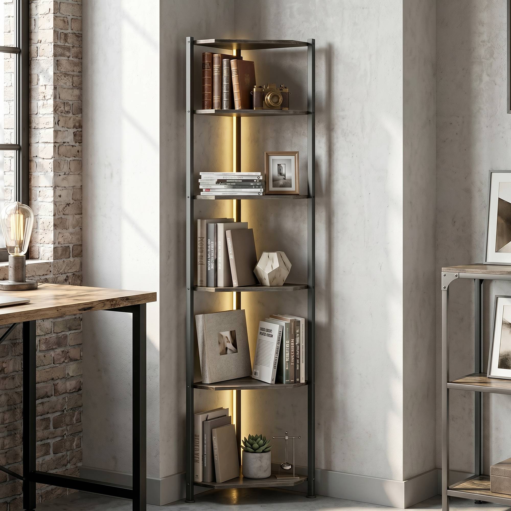 Bibliothèque d'angle à 5 niveaux avec éclairage LED pour salon, chambre, bureau, marron rustique - Image 4