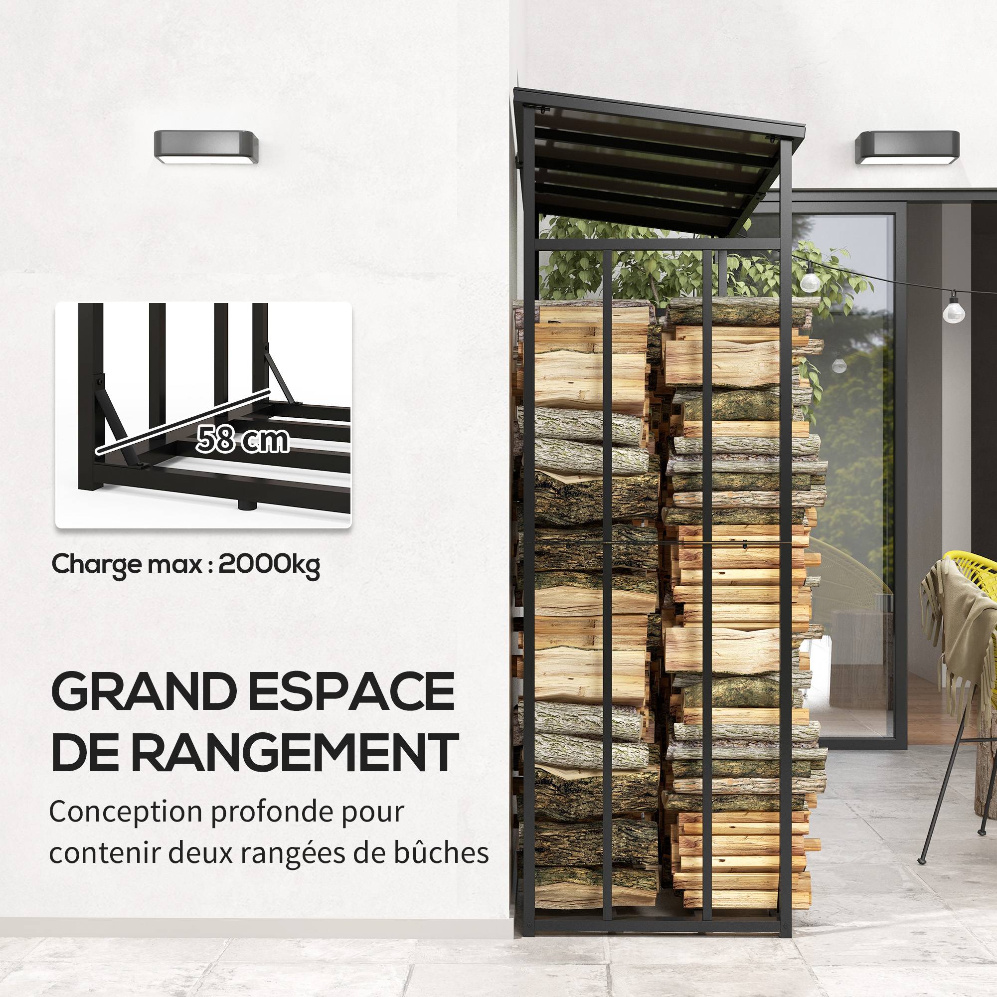 ComfortXL - Abri-bûches extérieur en métal noir 185 x 62 x 184 cm avec toit en polycarbonate et panneaux imperméables - Image 4