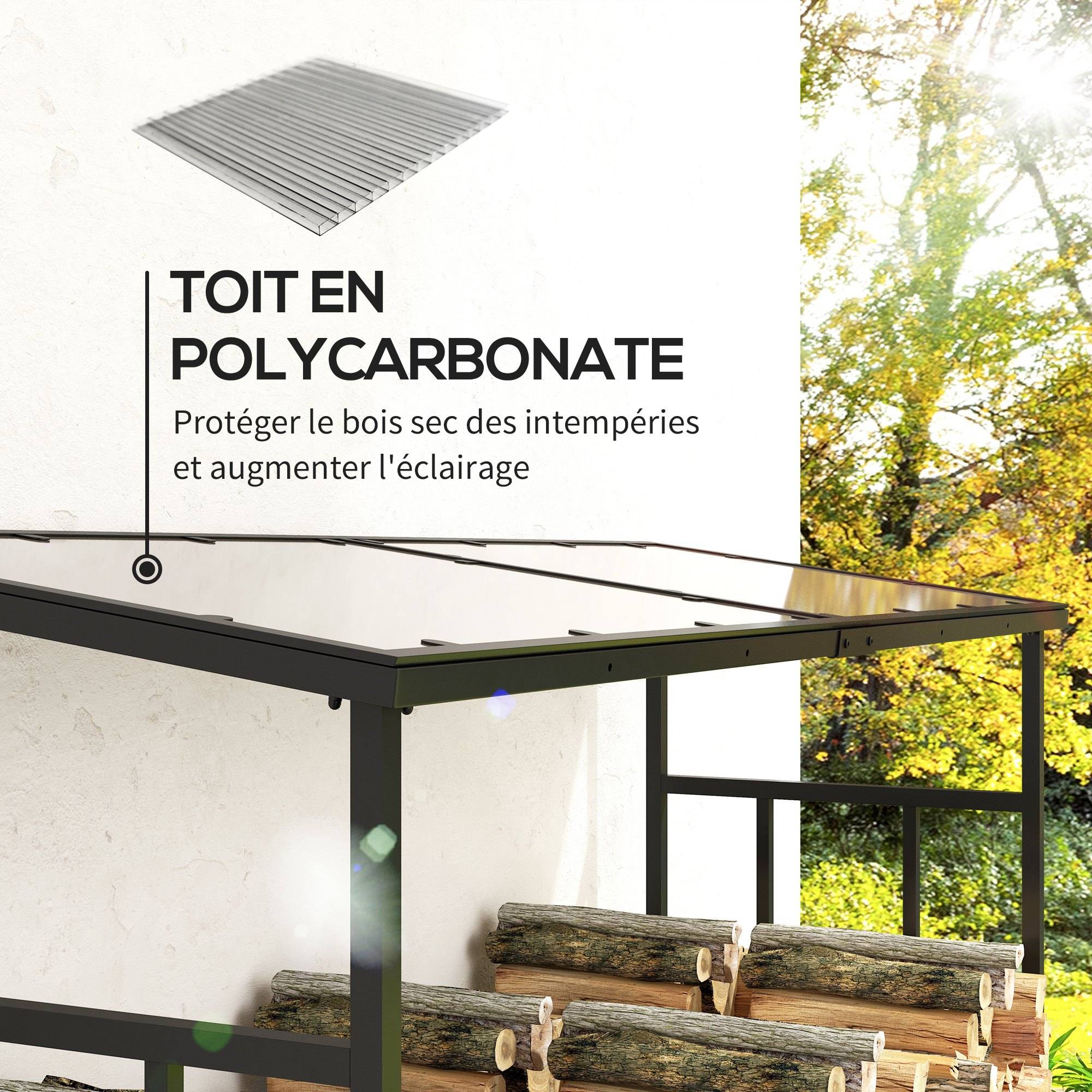 ComfortXL - Abri-bûches extérieur en métal noir 185 x 62 x 184 cm avec toit en polycarbonate et panneaux imperméables - Image 5