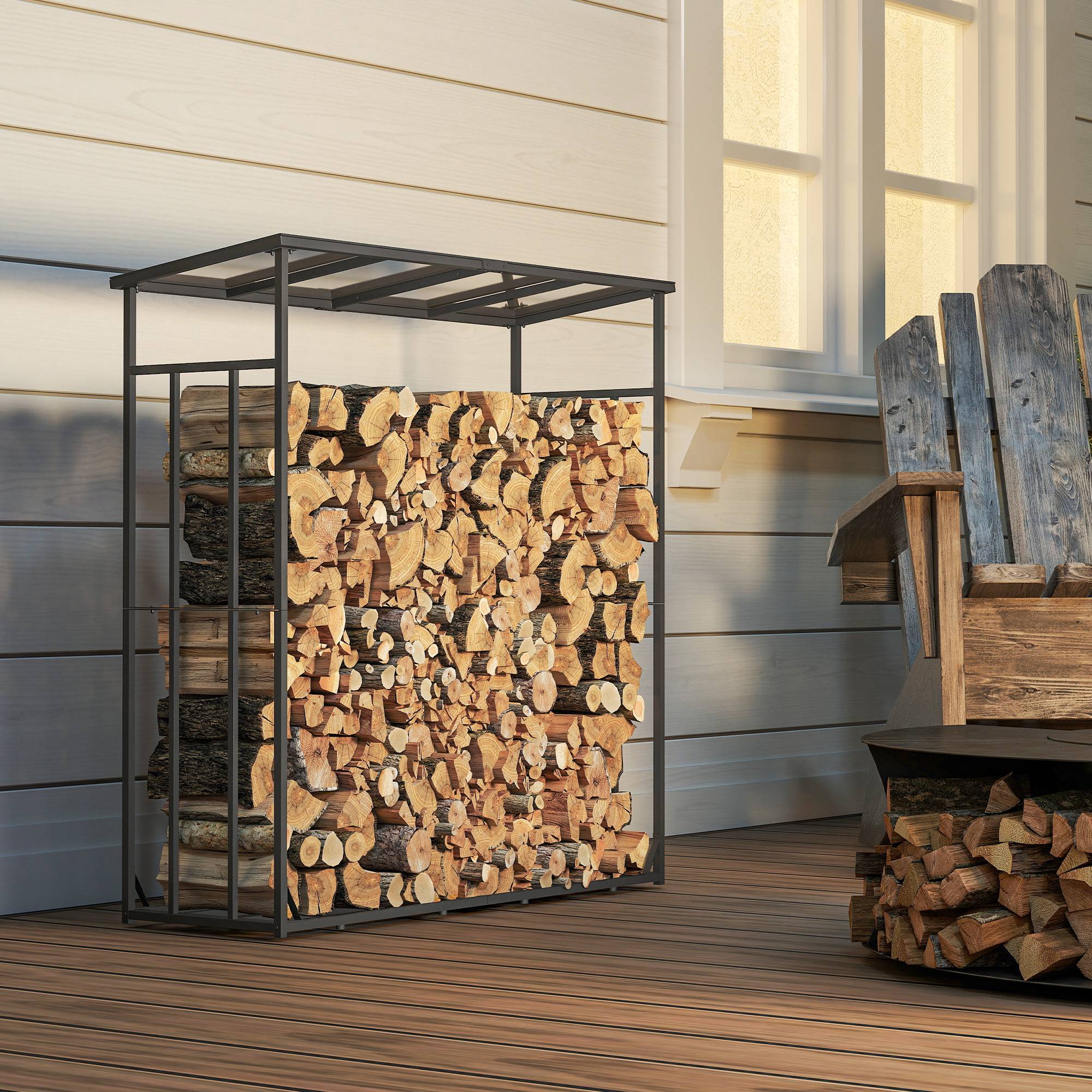 ComfortXL - Abri-bûches extérieur en métal noir 185 x 62 x 184 cm avec toit en polycarbonate et panneaux imperméables - Image 1