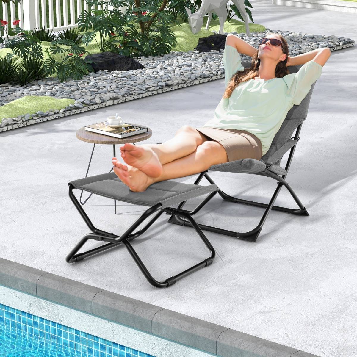 Chaise de Patio Pliante avec Repose-pied Chaise Longue Portable avec Repose-pied Coussin Amovible Chaise de Plage Inclinable Gris - Image 3