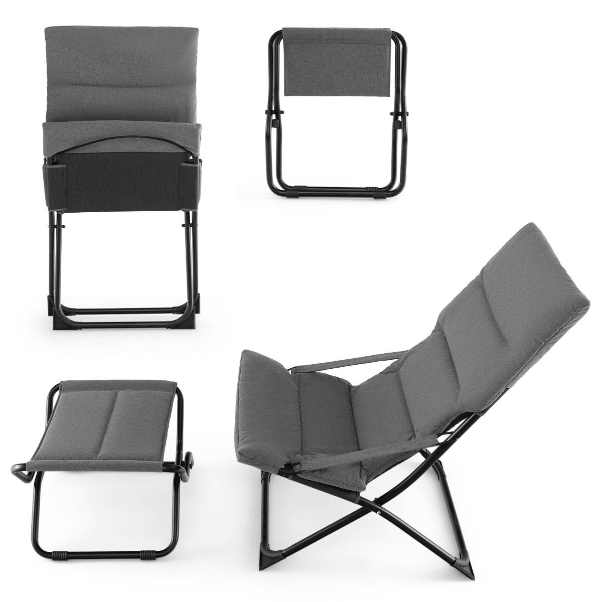 Chaise de Patio Pliante avec Repose-pied Chaise Longue Portable avec Repose-pied Coussin Amovible Chaise de Plage Inclinable Gris - Image 1