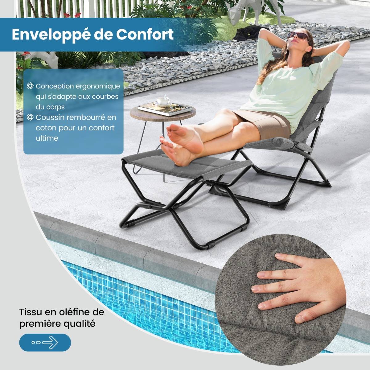 Chaise de Patio Pliante avec Repose-pied Chaise Longue Portable avec Repose-pied Coussin Amovible Chaise de Plage Inclinable Gris - Image 7