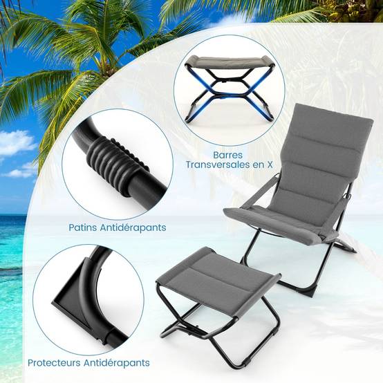 Chaise de Patio Pliante avec Repose-pied Chaise Longue Portable avec Repose-pied Coussin Amovible Chaise de Plage Inclinable Gris - Image 6