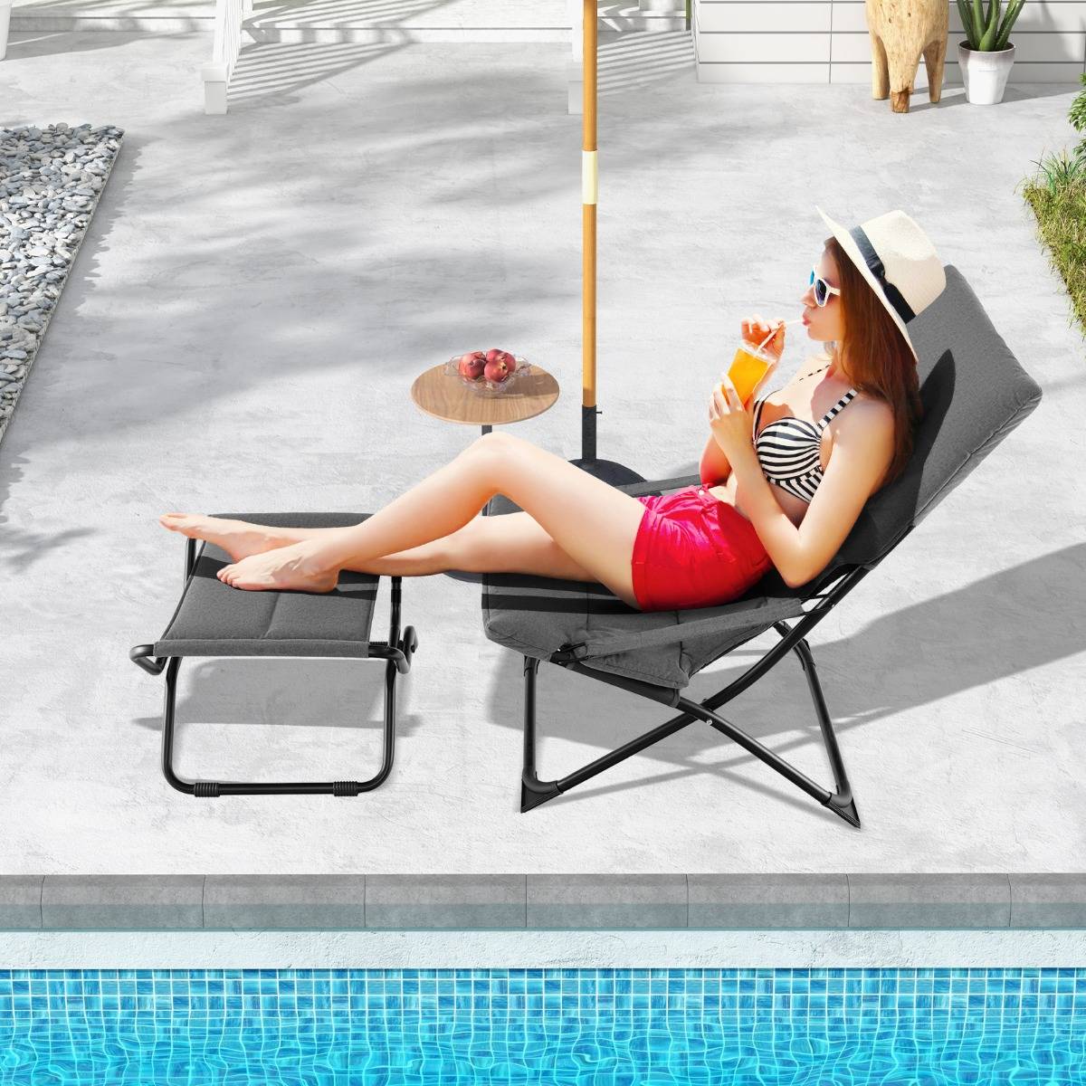 Chaise de Patio Pliante avec Repose-pied Chaise Longue Portable avec Repose-pied Coussin Amovible Chaise de Plage Inclinable Gris - Image 4