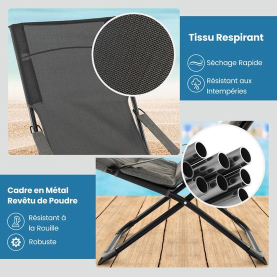 Chaise de Patio Pliante avec Repose-pied Chaise Longue Portable avec Repose-pied Coussin Amovible Chaise de Plage Inclinable Gris - Image 8