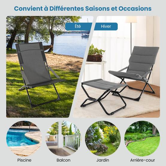 Chaise de Patio Pliante avec Repose-pied Chaise Longue Portable avec Repose-pied Coussin Amovible Chaise de Plage Inclinable Gris - Image 9