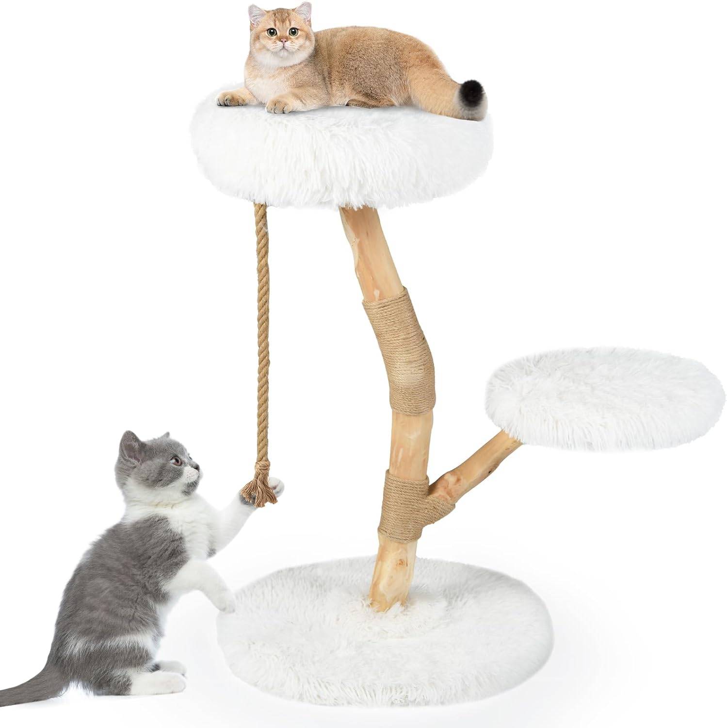 Arbre à Chat, Arbre a Chat Bois de Poirier, 3 Plateformes, Poteaux à Griffer en Jute, Corde en Jute, Tissu Peluche, Tour pour Chaton à 3 Niveaux, Chaq