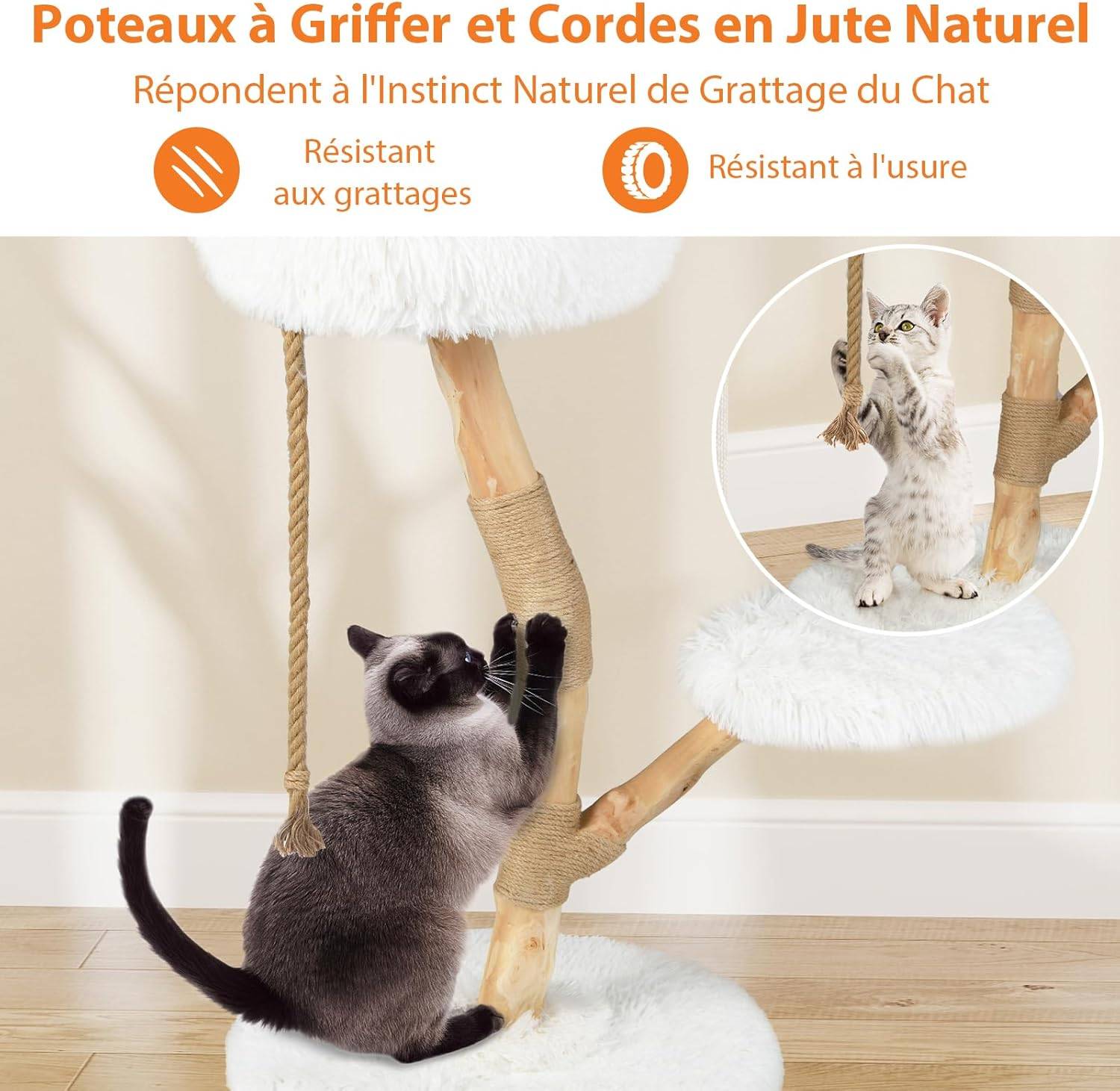 Arbre à Chat, Arbre a Chat Bois de Poirier, 3 Plateformes, Poteaux à Griffer en Jute, Corde en Jute, Tissu Peluche, Tour pour Chaton à 3 Niveaux, Chaq - Image 3