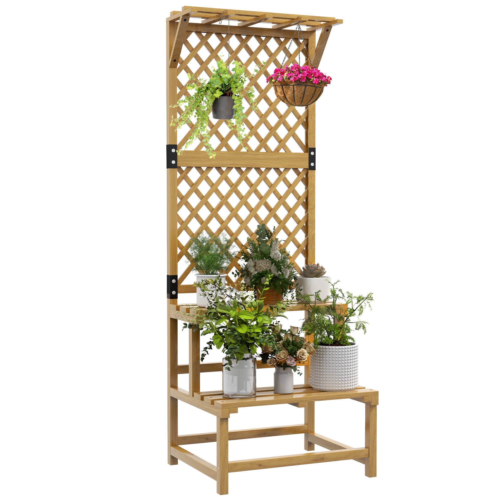 Support à plantes en bois, étagère à plantes à 2 niveaux avec treillis pour jardin, patio, terrasse, naturel - Image 1