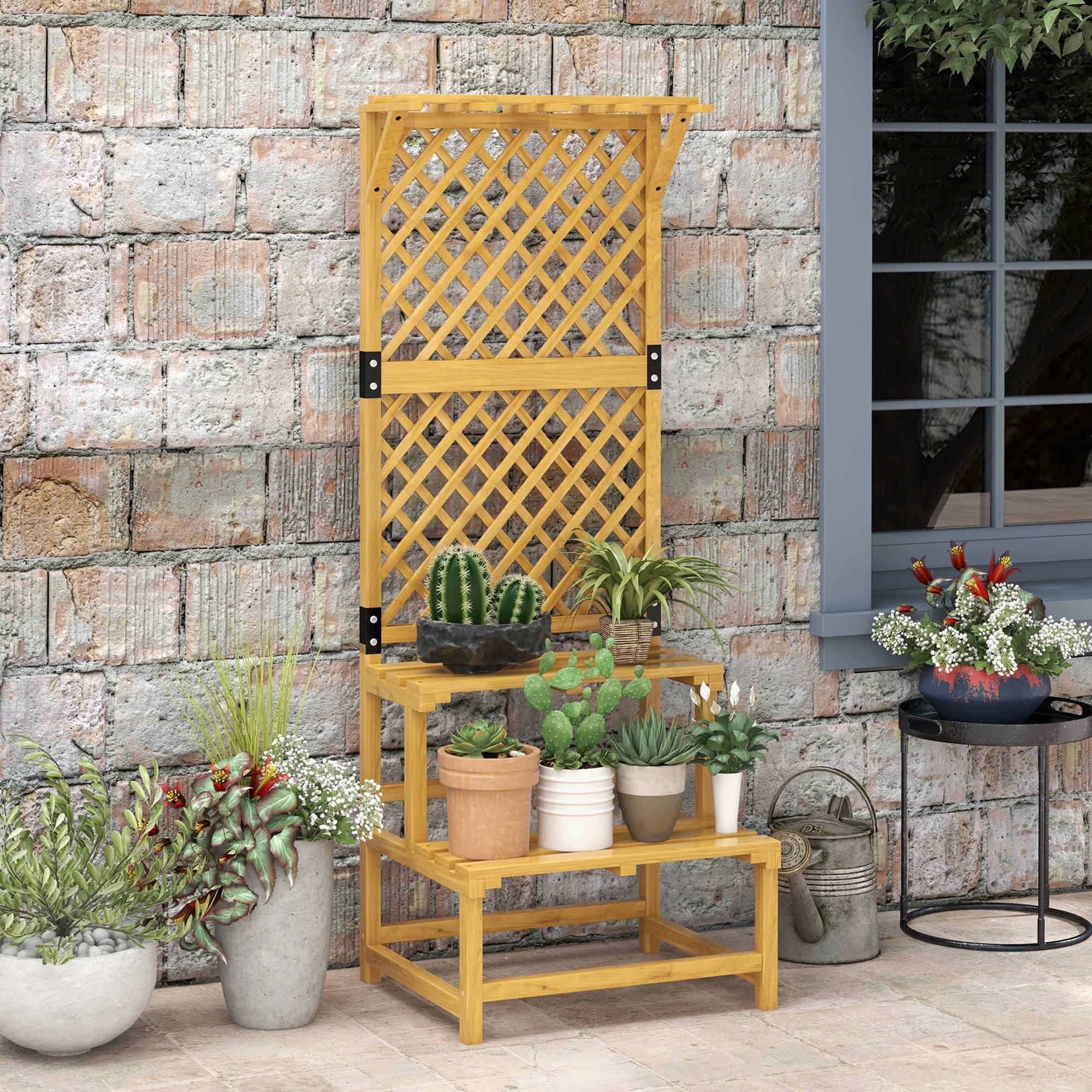 Support à plantes en bois, étagère à plantes à 2 niveaux avec treillis pour jardin, patio, terrasse, naturel - Image 8