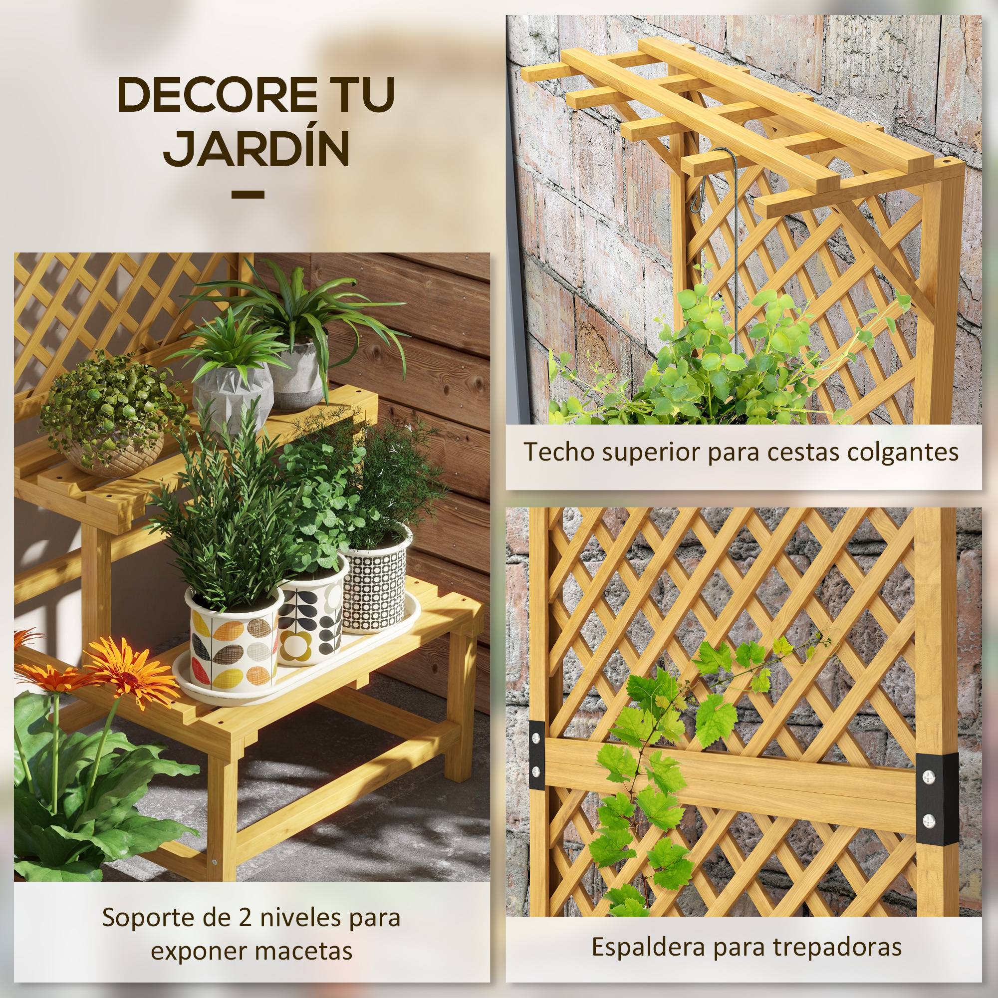 Support à plantes en bois, étagère à plantes à 2 niveaux avec treillis pour jardin, patio, terrasse, naturel - Image 6