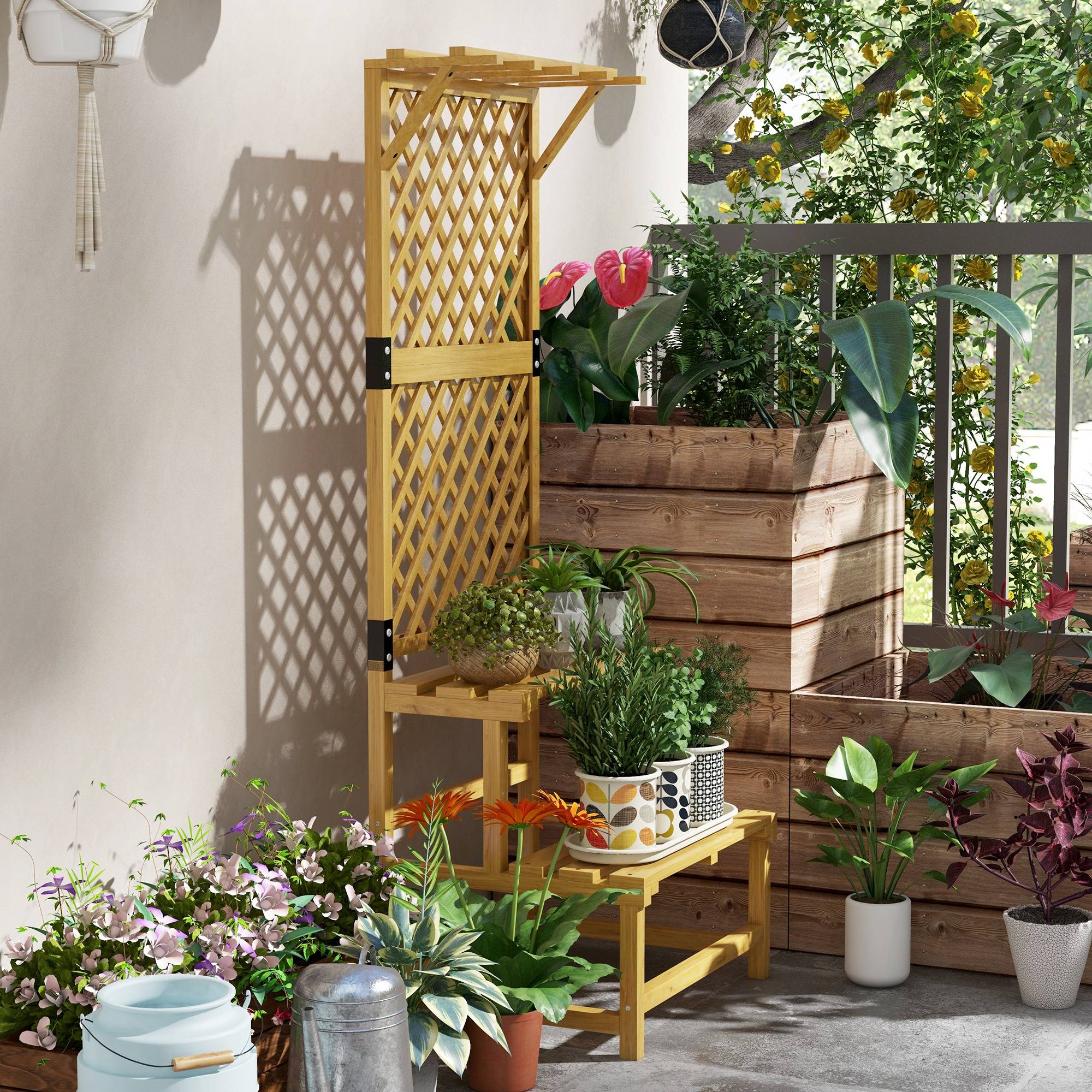 Support à plantes en bois, étagère à plantes à 2 niveaux avec treillis pour jardin, patio, terrasse, naturel - Image 9