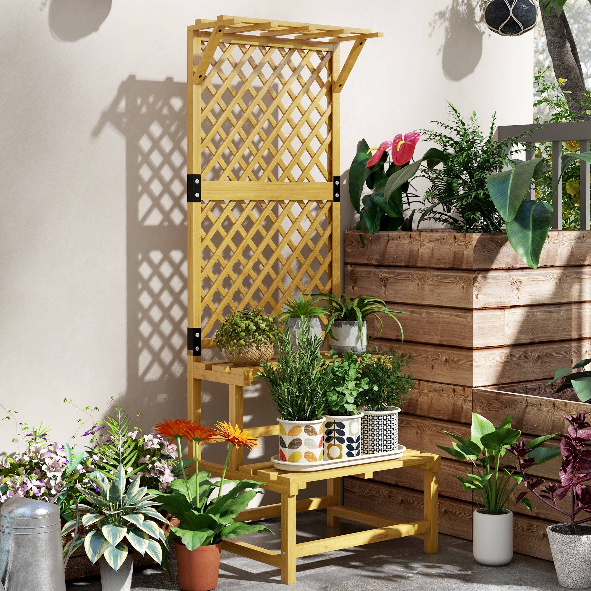 Support à plantes en bois, étagère à plantes à 2 niveaux avec treillis pour jardin, patio, terrasse, naturel - Image 4